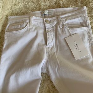 High rise distressed hem white denim